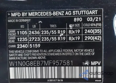 2021 Mercedes-Benz Glc 300 4Matic Suv from USA, damaged, VIN W1N0G8EB7MF957581